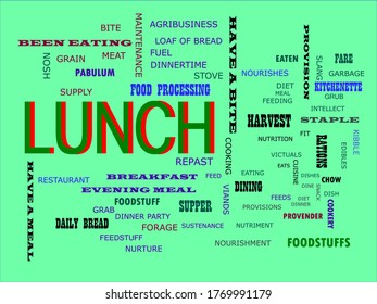 Lunch text presented in green color with multiple related words on light background vector abstract background.