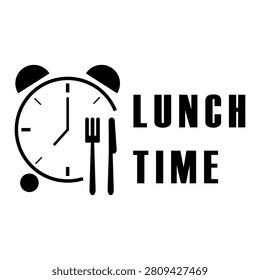 Lunch time alarm clock black vector icon features fork and knife. The daily schedule concept complements restaurant menus. eps 10