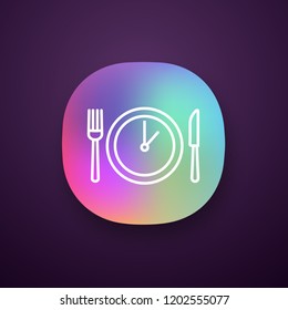 Lunch time app icon. Dinner break. Afternoon business meeting. Business lunch timing and duration. Table knife, fork and plate with clock inside. UI/UX user interface. Vector isolated illustration