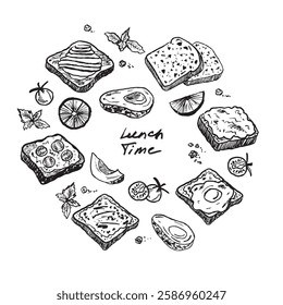 Lunch time with avocado toast. Hand drawn vector brush stroke textured grunge vintage illustration. Food art. Menu design. Round shape sandwich print with tomato, eggs, lemon, avocado