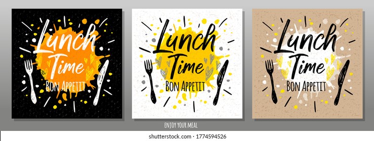 Lunch Time Bon Appetit, Enjoy Your Meal, Quote, Phrase, Food Poster, Splash, Fork, Knife. Lettering, Sketch Doodle Style, Sign For Menu, Cafe, Restaurant, Lunch, Breakfast, Dinner. Vector Illustration