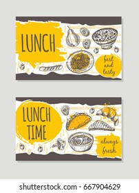 Lunch time brochure flyer design Retro background. Hand drawn vector illustration. Can be used for menu, cafe, restaurant, bar, poster, banner, emblem, sticker, placard and other.
