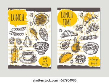 Lunch time brochure flyer design Retro background. Hand drawn vector illustration. Can be used for menu, cafe, restaurant, bar, poster, banner, emblem, sticker, placard and other.