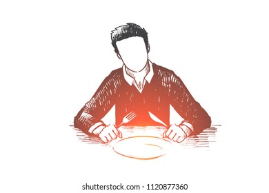 Lunch time, business lunch, waiting concept. Hand drawn man holding a spoon and fork with empty white plate in restaurant isolated vector illustration.