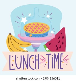 lunch time, cake and fruits cooking in cartoon style lettering vector illustration