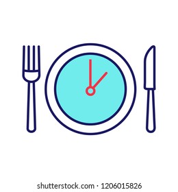 Lunch time color icon. Dinner break. Afternoon business meeting. Business lunch timing and duration. Table knife, fork and plate with clock inside. Isolated vector illustration