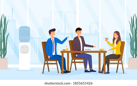 Lunch time concept. Colleagues having break for lunch with coffee and sweets. Happy workers in workplace. People work in office. Corporate culture in office space. Flat cartoon vector Illustration