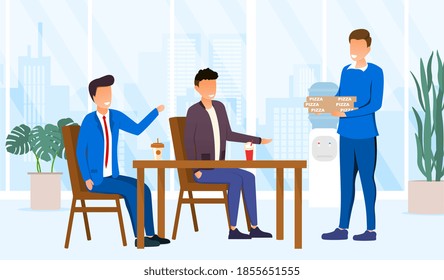 Lunch Time Concept. Colleagues Having Break For Lunch With Coffee And Pizza. Happy Workers In Workplace. People Working In Office. Corporate Culture In Office Space. Flat Cartoon Vector Illustration