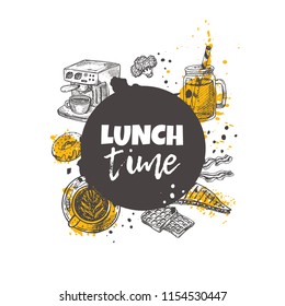 Lunch time concept design. Round circle composition. Hand drawn vector illustration. Can be used for menu, cafe, restaurant, poster, banner, logo, emblem, sticker, placard and other design.