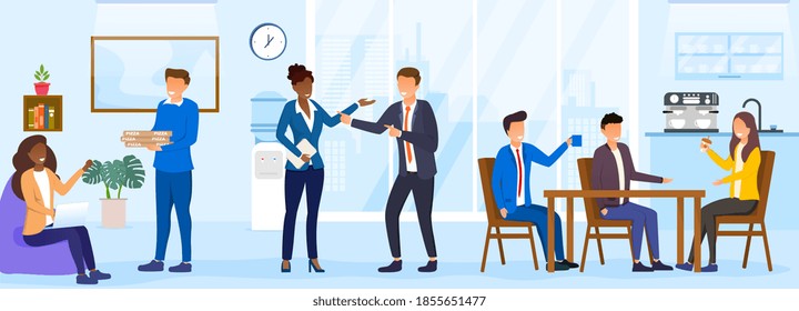 Lunch time concept. Diverse colleagues having break for lunch with coffee and pizza. Happy workers in workplace. People working in office. Corporate culture concept. Flat cartoon vector Illustration