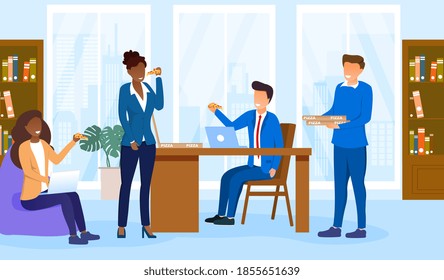 Lunch time concept. Diverse colleagues having break for lunch with pizza. Happy workers in workplace. People working in office. Corporate culture concept. Flat cartoon vector Illustration