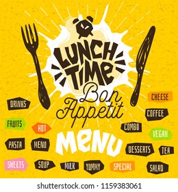 Lunch time, fork, knife, menu. Lettering, calligraphy, logo, sketch style, light rays, craft, pasta, vegan, tea, coffee; deserts, yummy, milk, combo, salad. Hand drawn vector illustration.