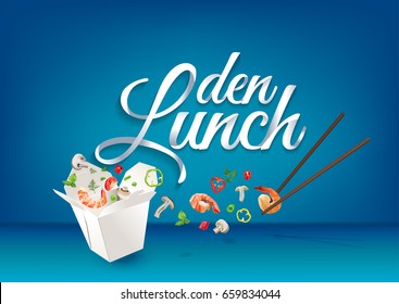 Lunch time - in german language, paper hand lettering calligraphy. Vector illustration with food objects and text.