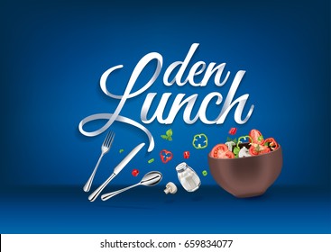 Lunch time - in german language, paper hand lettering calligraphy. Vector illustration with food objects and text.