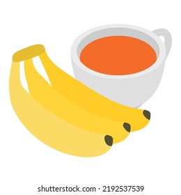 Lunch time icon isometric vector. Bunch of yellow ripe banana and cup of tea. Lunch, nosh, food and drink