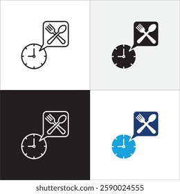 Lunch time icon set. Time break for lunch icon collection. Icon set contain symbol of restaurant, dinner, eat schedule, rest hours, lunchtime, eat, cafe, routine. Vector stock illustration.
