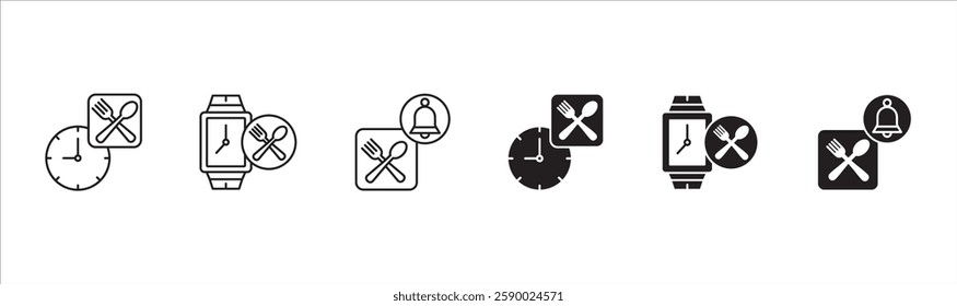 Lunch time icon set. Time break for lunch icon collection. Icon set contain symbol of eat schedule, rest hours, lunchtime, eat, cafe, watch, addict, hourglass, routine. Vector stock illustration.
