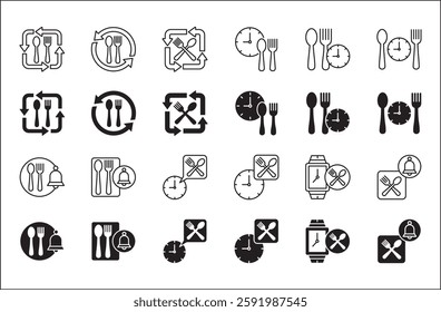 Lunch time icon set. Time break for lunch icon collection. Icon set contain symbol of eat schedule, rest hours, lunchtime, eat, cafe, watch, addict, hourglass, routine. Vector stock illustration.