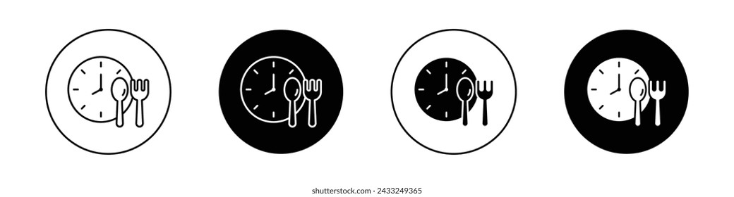 Lunch Time Icon Set. Time clock and meal vector symbol in a black filled and outlined style. Midday Feast Sign.
