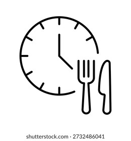 Lunch time icons. Time for eating. Editable stroke outline clock with knife and fork signs