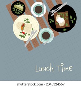 Lunch time illustration. Fresh food and drinks in flat style