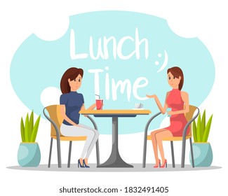 Lunch time. Isolated two woman person friends sitting at cafe table having lunch. Girl cartoon characters meeting, talking and having coffee cup drink. Lunch time and friendship vector illustration