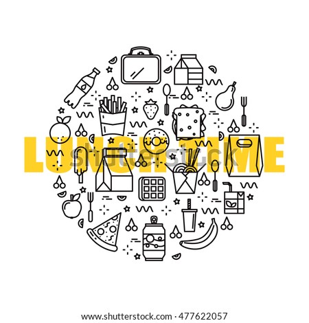 Lunch time line concept.
Office, business and school lunch food, items supplies. Junk and healthy food.
For branding, fabric, package, wallpaper, identity.
