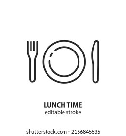 Lunch Time Line Icon. Fork Knife And Plate Vector Symbol. Editable Stroke.