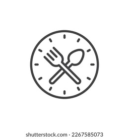 Icono de la línea horaria del almuerzo. signo de estilo lineal para concepto móvil y diseño web. Reloj con un icono vectorial de contorno de bifurcación y bifurcación. Símbolo del restaurante, ilustración del logotipo. Gráficos vectoriales