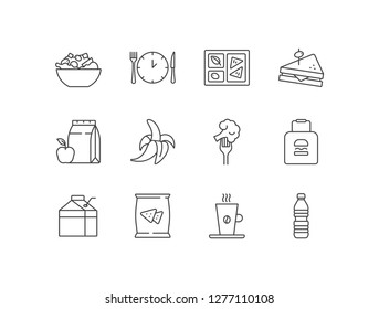 Iconos de la línea de tiempo del almuerzo con ensalada griega, reloj, lonchera, sandwich, bolsa de papel, banana pelada, brócoli, leche, café, botella de agua.