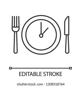 Lunch Time Linear Icon. Dinner Break. Thin Line Illustration. Afternoon Business Meeting. Business Lunch. Table Knife, Fork And Plate With Clock. Vector Isolated Outline Drawing. Editable Stroke