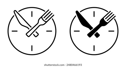 Lunch time logo. Fast diet symbol. Meal break sign. Clock with cutlery icon. Knife and fork icon.