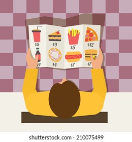 Lunch time. Man ordering meal in fast food cafe. Menu and vector icons in flat design