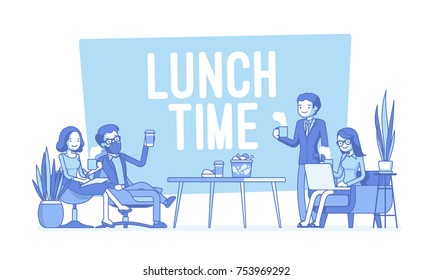 Lunch Time In The Office. Group Of People Having Break For Food And Drinks, Employees Stop Working For Meal, Brief Dinner For Business Meeting Or Special Event. Vector Lineart Concept Illustration