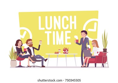 Lunch Time In The Office. Young Workers Having Break For Food And Drinks, Rest For Good Workplace Culture And Business Productivity. Vector Flat Style Cartoon Illustration Isolated On White Background