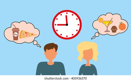 Lunch time. People thinking about food. Vector illustration.