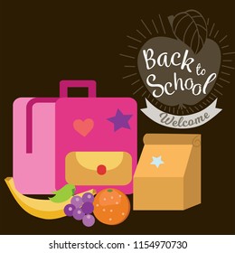 Lunch time poster, Pupil schoolbag lunchbox banana orange and grapes