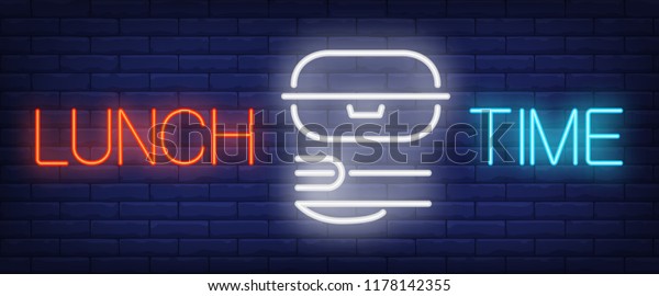 Lunch Time sign in
neon style. Red and blue lettering with lunch box, fork and knife.
Night bright advertisement. Vector illustration for takeout food
and fast food restaurant