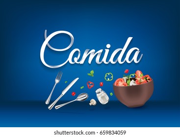Lunch time - in spanish language, paper hand lettering calligraphy. Vector illustration with food objects and text.