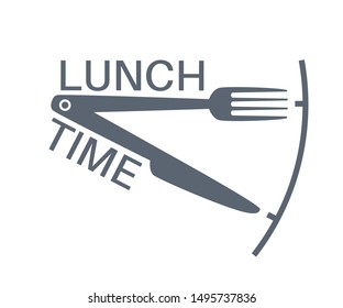 Lunch time text with fork and knife on white background. Lunch break. Applicable as part of restaurant, cafe lunch menu. Vector illustration