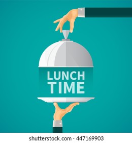 Lunch time vector concept with cloche lid cover in flat style