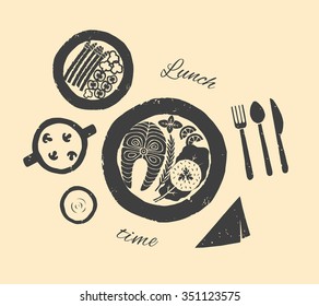 Lunch time vector illustration.Fried salmon steak with rice and vegetables.
