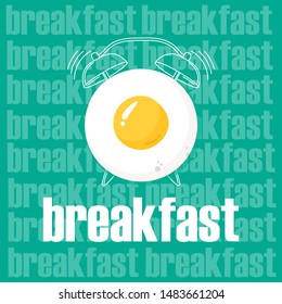 Lunch. Top view of Breakfast time. Fried egg and outline alarm clock on seamless background with linear food icons. Vector design for breakfast menu, cafe, restaurant. Logo design template.