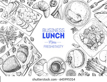 Lunch top view frame. Food menu design. Vintage hand drawn sketch vector illustration.