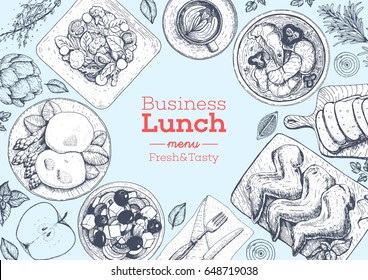 Lunch top view frame. Food menu design. Vintage hand drawn sketch vector illustration. Lunch food dishes.