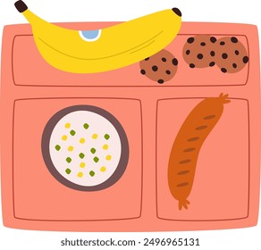 Lunch Tray With Oatmeal, Sausage And Banana Vector Illustration