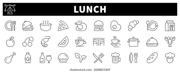 Lunch vector icons. Lunch Food Vector Outline Icon Set