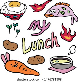 Lunch vector illustration.
rice,potato,soup,fish and carrot