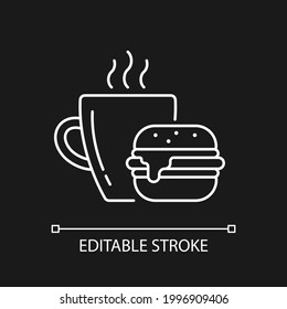 Lunch white linear icon for dark theme. Burger and drink in cup. Coffee with sandwich for dinner. Thin line customizable illustration. Isolated vector contour symbol for night mode. Editable stroke