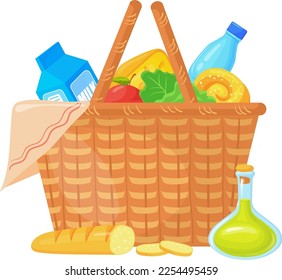 Lunch wicker icon. Cartoon picnic food basket isolated on white background